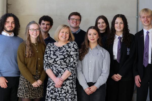 Cabinet Secretary for Education, Lynne Neagle with Seren alumni and learners